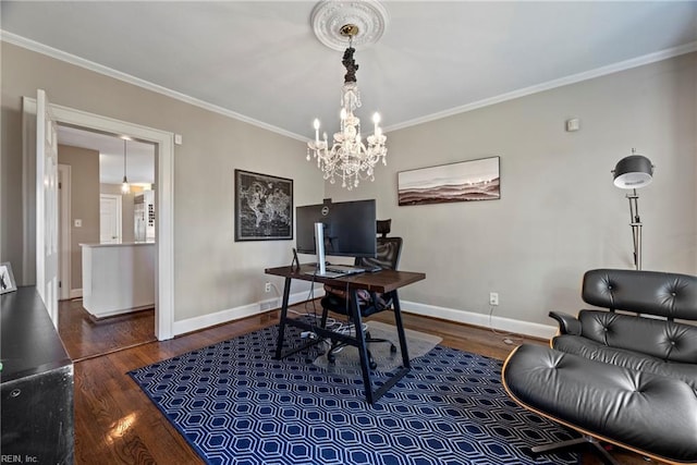 office area featuring dark hardwood / wood-style floors, an inviting chandelier, and crown molding