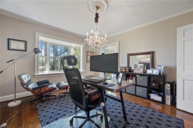 office featuring dark hardwood / wood-style flooring, crown molding, and an inviting chandelier