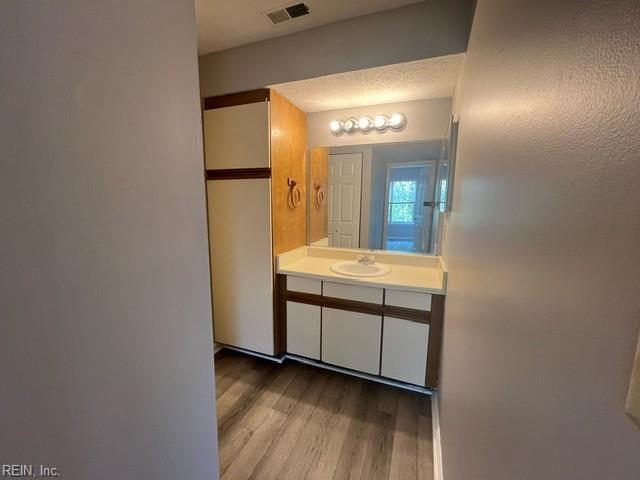 bathroom with hardwood / wood-style floors and vanity