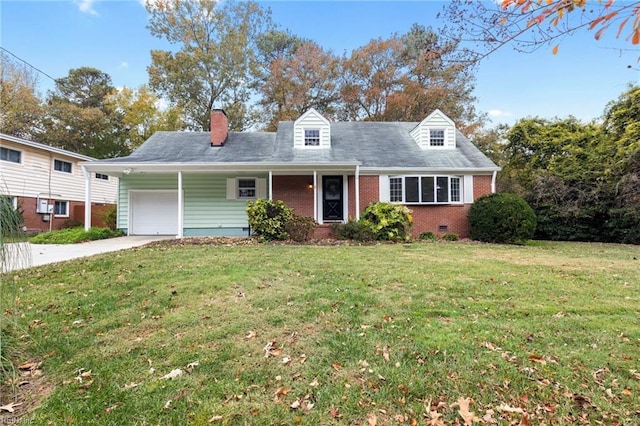 new england style home featuring a garage and a front lawn