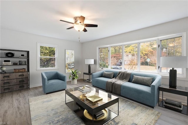 living room featuring plenty of natural light, ceiling fan, and light hardwood / wood-style flooring