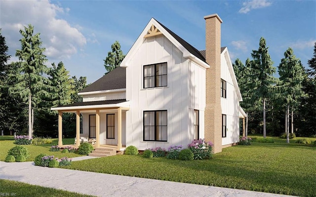 modern inspired farmhouse featuring a porch and a front lawn