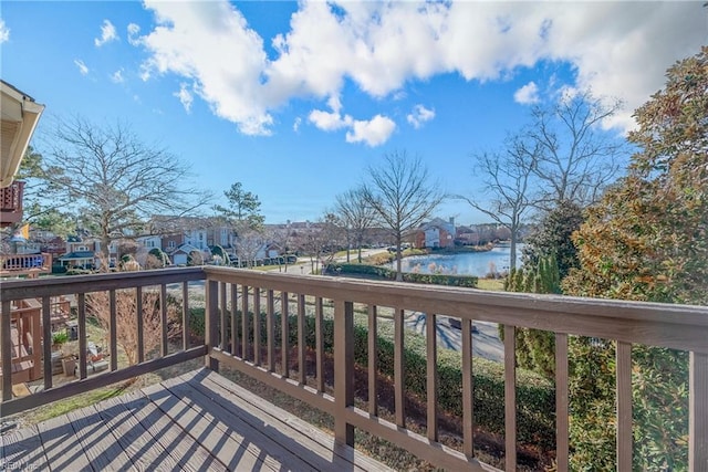 deck featuring a water view