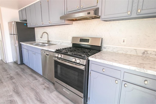 kitchen with gray cabinetry, sink, light hardwood / wood-style floors, and appliances with stainless steel finishes