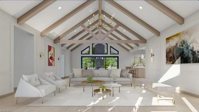 living room with beam ceiling and high vaulted ceiling