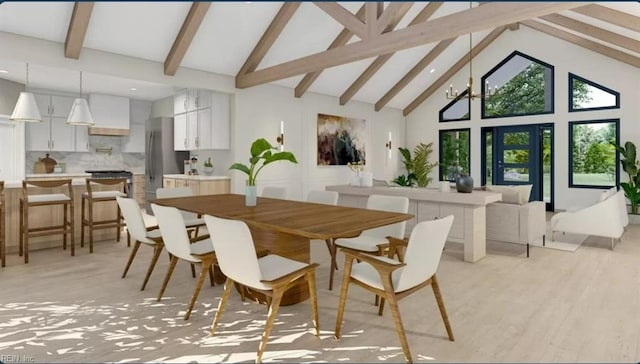 dining room with beamed ceiling and high vaulted ceiling