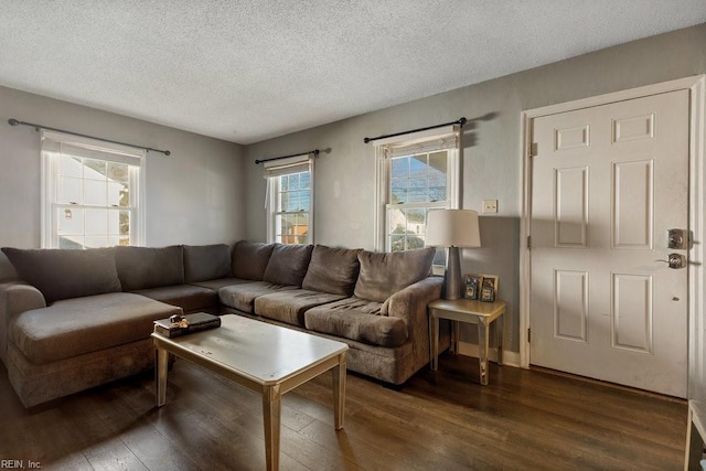 living room featuring a healthy amount of sunlight, dark hardwood / wood-style flooring, and a textured ceiling