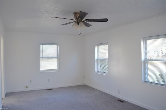 spare room featuring carpet, ceiling fan, and a healthy amount of sunlight