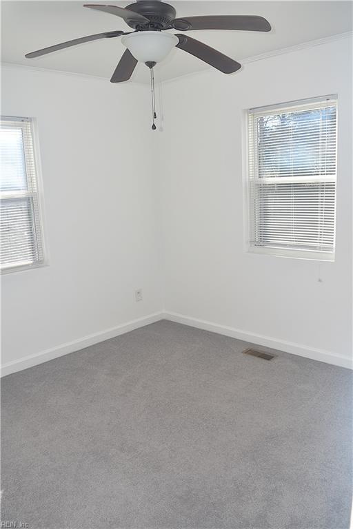 spare room featuring carpet, ceiling fan, and crown molding