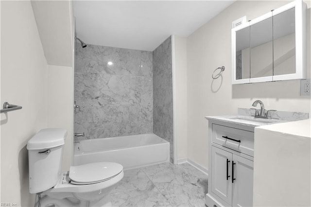 full bathroom with tiled shower / bath combo, toilet, and vanity