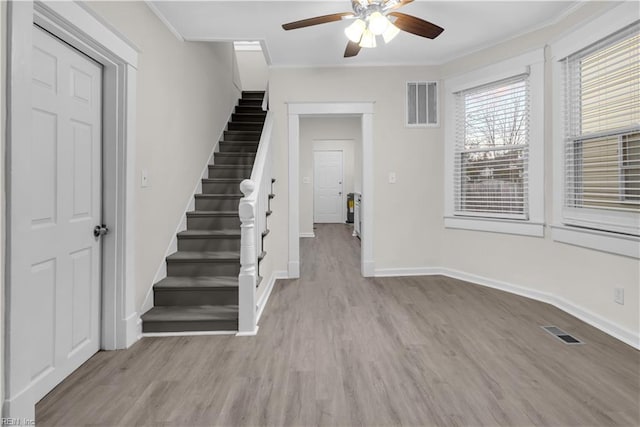 foyer entrance featuring crown molding, ceiling fan, and light hardwood / wood-style floors