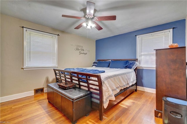 bedroom featuring light wood-type flooring and ceiling fan