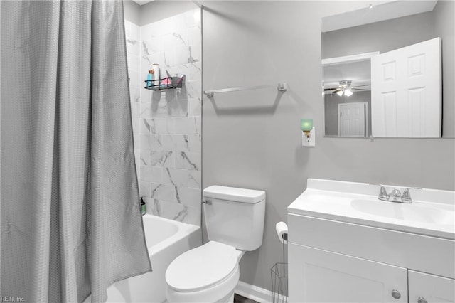 full bathroom featuring shower / bath combo, vanity, toilet, and ceiling fan