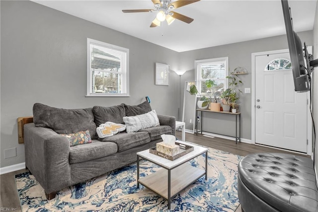 living room featuring ceiling fan and dark wood-type flooring