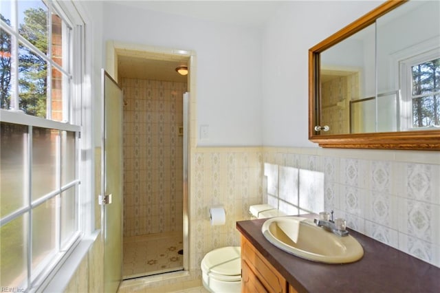 bathroom with an enclosed shower, vanity, and toilet