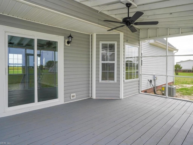 wooden deck featuring central AC and ceiling fan