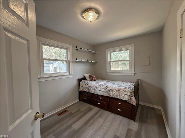 bedroom featuring multiple windows and light hardwood / wood-style flooring