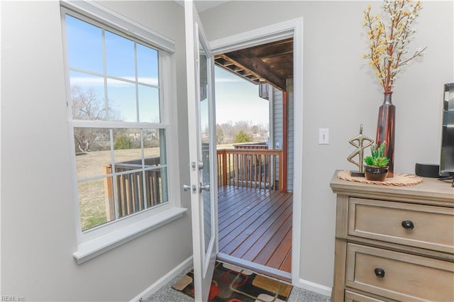 doorway to outside with plenty of natural light and carpet floors