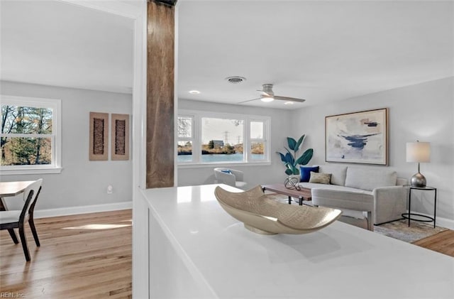 living room with ceiling fan and light hardwood / wood-style floors