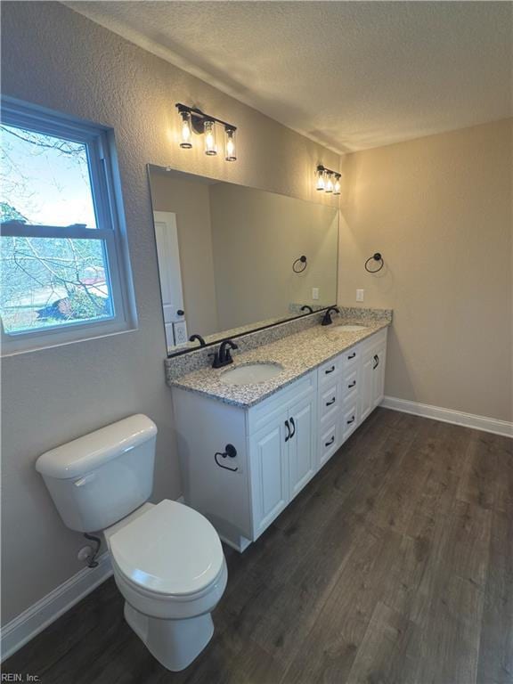 bathroom featuring toilet, vanity, and hardwood / wood-style flooring