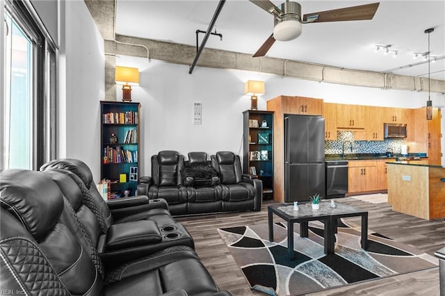 living room with ceiling fan, track lighting, and dark hardwood / wood-style floors