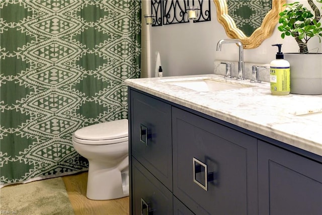 bathroom featuring vanity, hardwood / wood-style flooring, and toilet