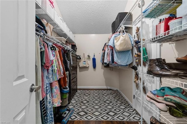 spacious closet featuring dark hardwood / wood-style flooring