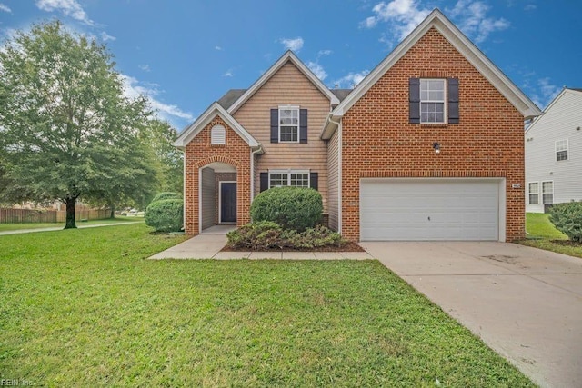 view of front property featuring a garage and a front lawn