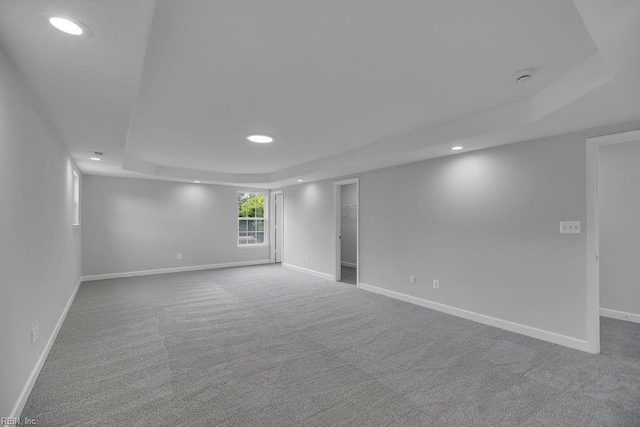 spare room featuring a raised ceiling and carpet