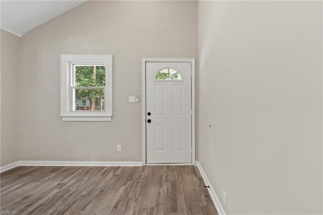 entryway with hardwood / wood-style floors, vaulted ceiling, and a wealth of natural light