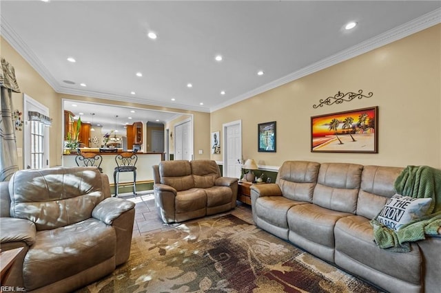 living room featuring crown molding