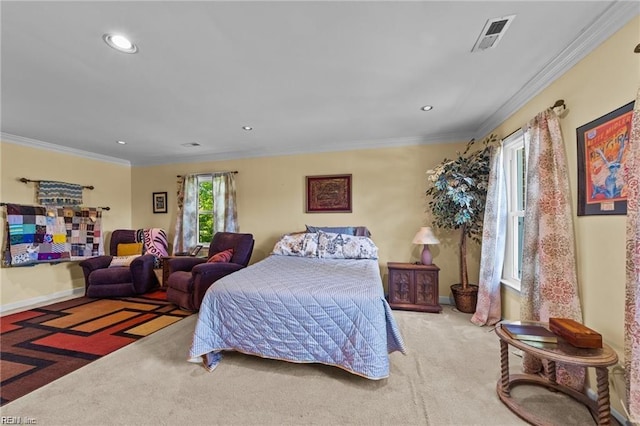 bedroom featuring carpet floors and ornamental molding