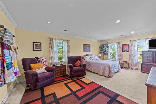 bedroom featuring carpet, multiple windows, and crown molding