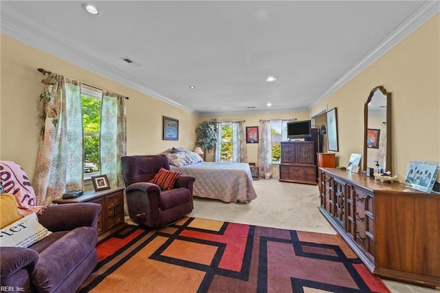 carpeted bedroom with crown molding