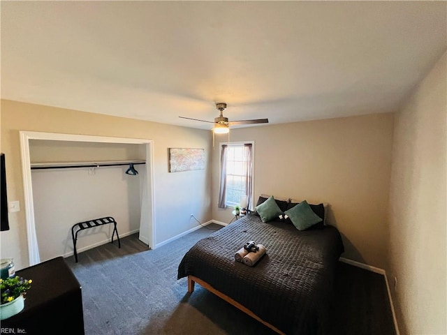 carpeted bedroom with ceiling fan and a closet