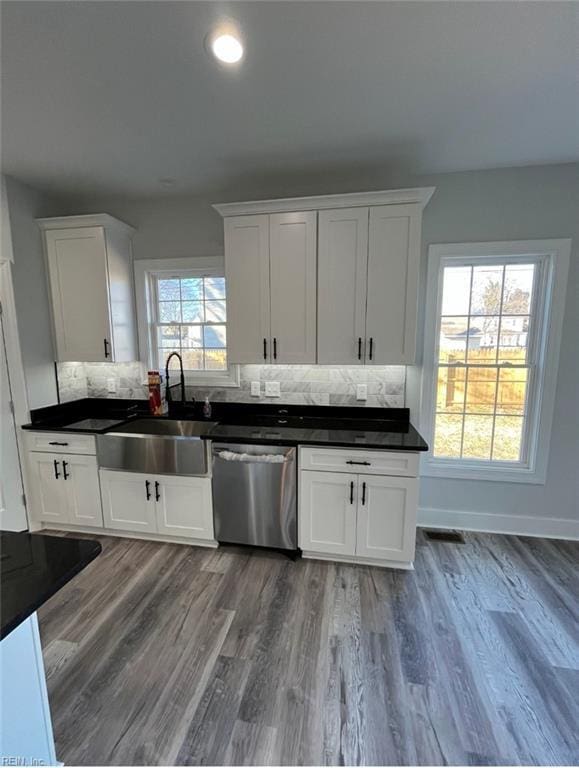 kitchen with white cabinets, stainless steel dishwasher, and sink