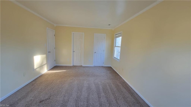 spare room with light colored carpet and ornamental molding