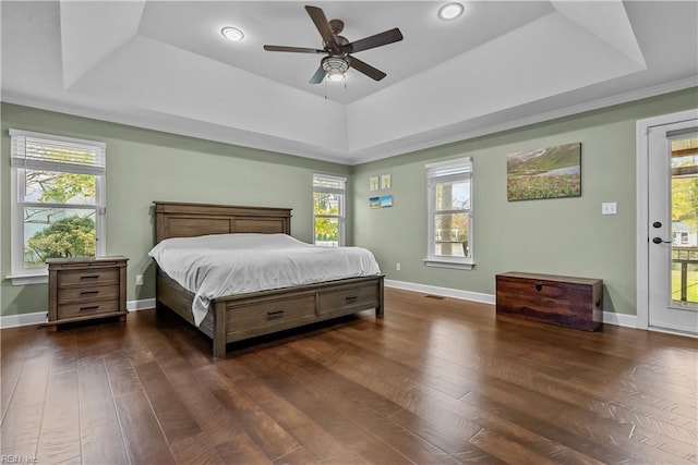 bedroom with ceiling fan, a raised ceiling, access to outside, and multiple windows