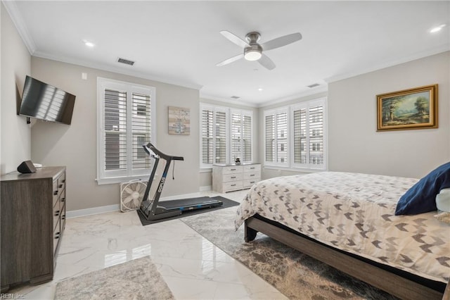 bedroom with multiple windows, ceiling fan, and ornamental molding