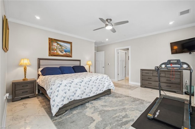 bedroom featuring ceiling fan and crown molding