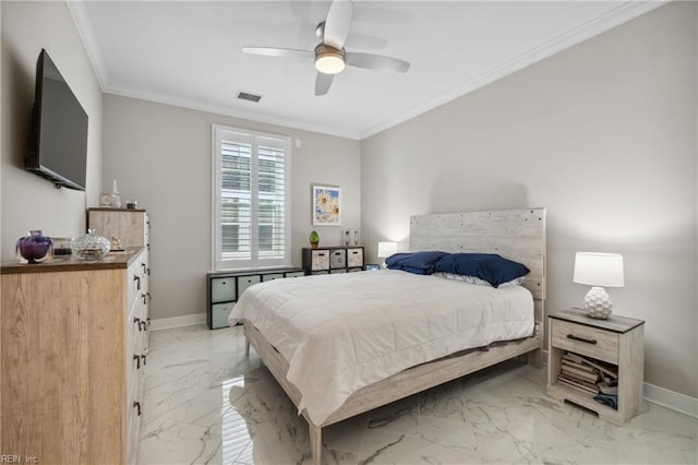 bedroom with ceiling fan and crown molding