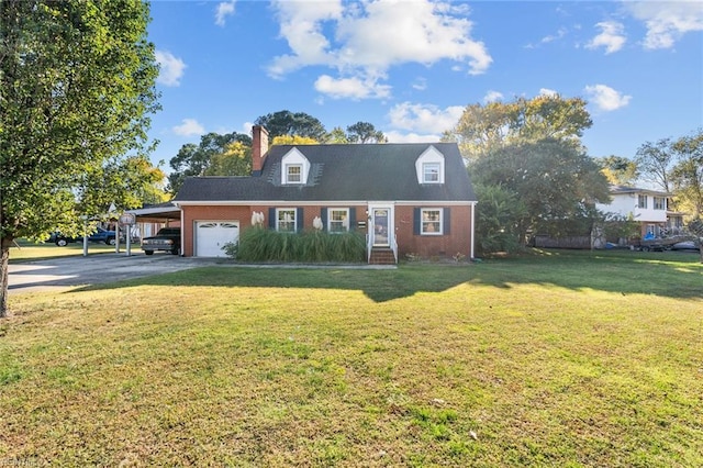 cape cod-style house featuring a carport and a front lawn