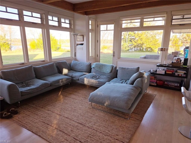 sunroom featuring beam ceiling