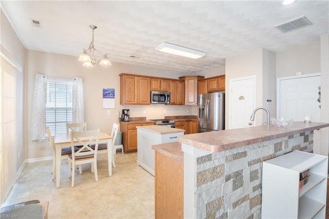 kitchen with pendant lighting, a kitchen island with sink, sink, a notable chandelier, and stainless steel appliances