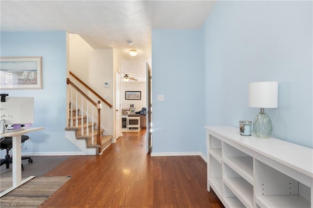 entrance foyer with hardwood / wood-style floors and ceiling fan