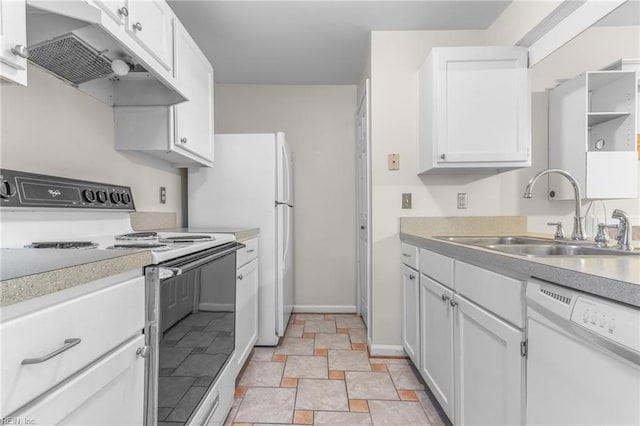 kitchen featuring white cabinetry, sink, and white appliances