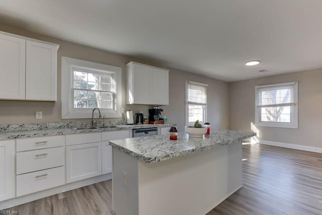 kitchen with stainless steel dishwasher, a kitchen island, a healthy amount of sunlight, sink, and white cabinetry