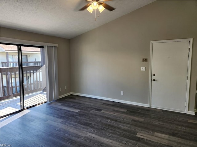 unfurnished room with a textured ceiling, ceiling fan, and dark wood-type flooring