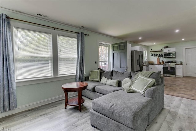 living room featuring a wealth of natural light, sink, and light hardwood / wood-style floors