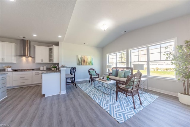 living room with sink, lofted ceiling, and hardwood / wood-style flooring